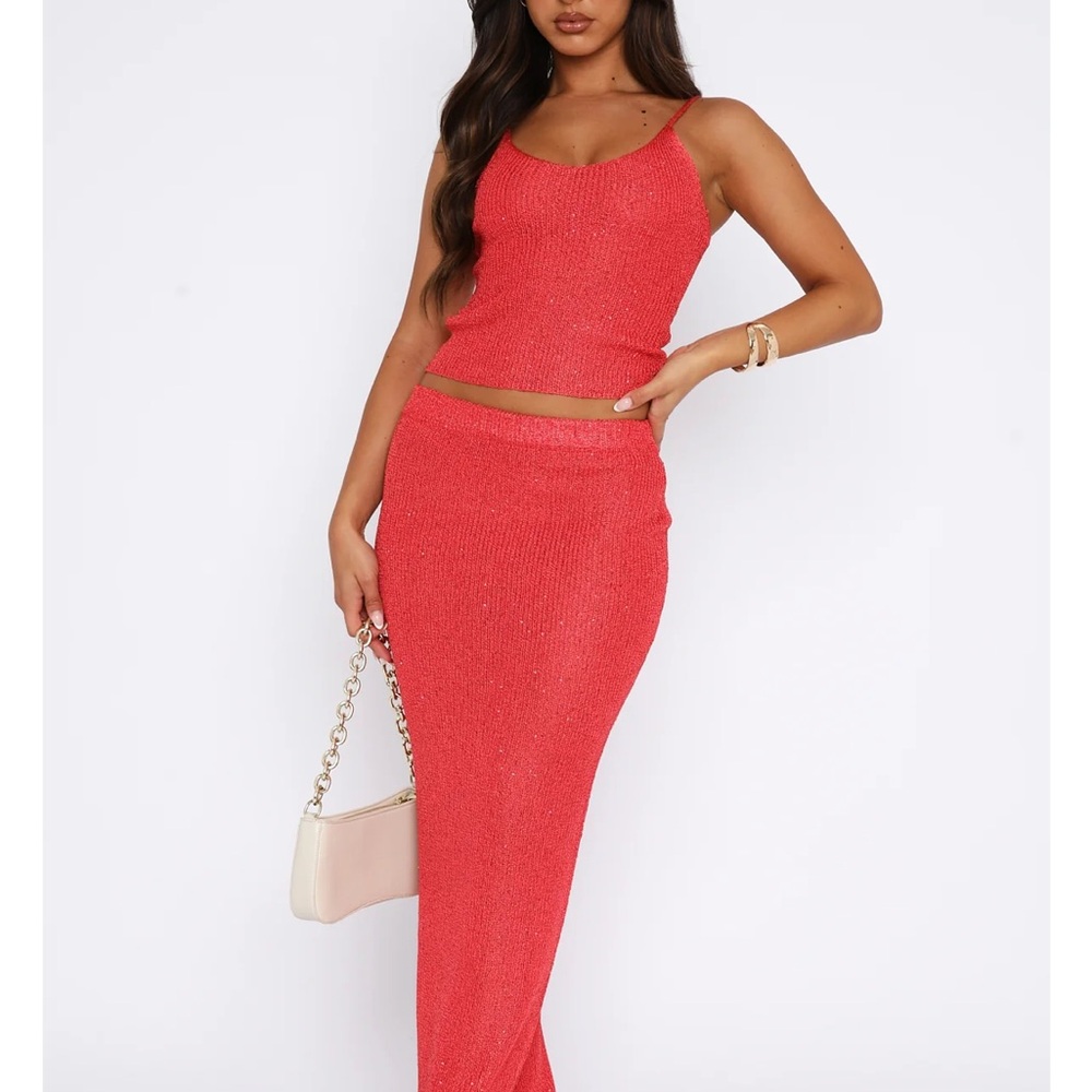 White Fox Boutique Star Shining Sequin Knit Maxi Skirt & Top Red